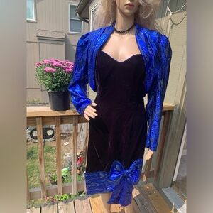 Vintage 1980’s Size 13/14 L.A. Glo Blue Metallic Strapless Bow Jacket Dress